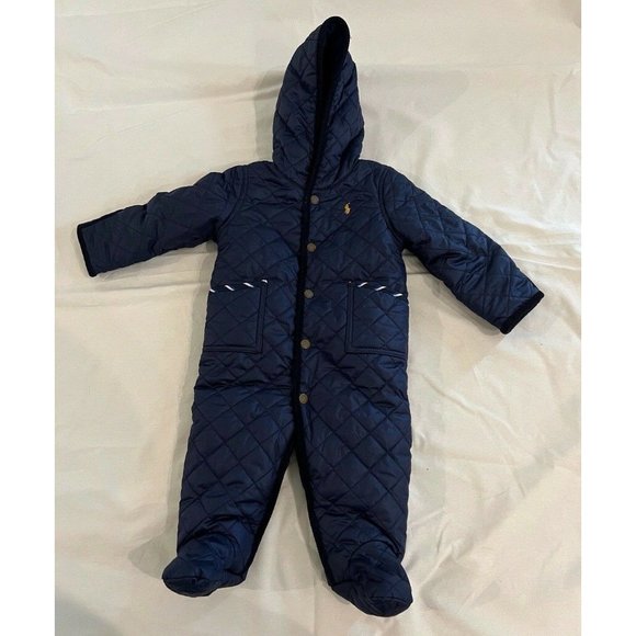 Ralph Lauren Infant Boys Quilted Navy Blue Snowsuit Bunting Pram Snow Suit 6m - Picture 1 of 12